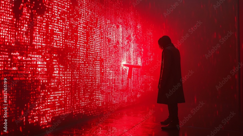 Poster hacker cracking encrypted systems with digital crowbar through glowing red code wall