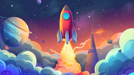 An illustration of a rocket taking off from a platform into a starry sky.