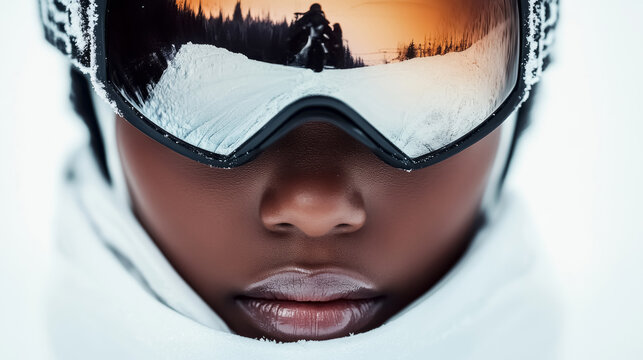 Woman in ski goggles skiing in winter, close-up.