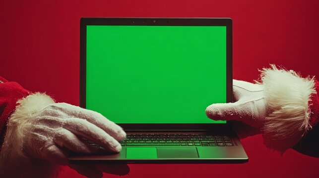 A close-up of Santa Clausâ€™s hand showcasing a glowing green screen laptop, ideal for festive copy, with a soft red gradient background  - Powered by Adobe