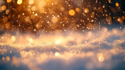 Snowfall with golden bokeh lights on ground
