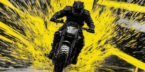 Dynamic Motorcyclist in Black and Yellow Abstract Splatter Artwork
