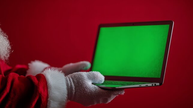 A close-up of Santa Clausâ€™s hand showcasing a glowing green screen laptop, ideal for festive copy, with a soft red gradient background 