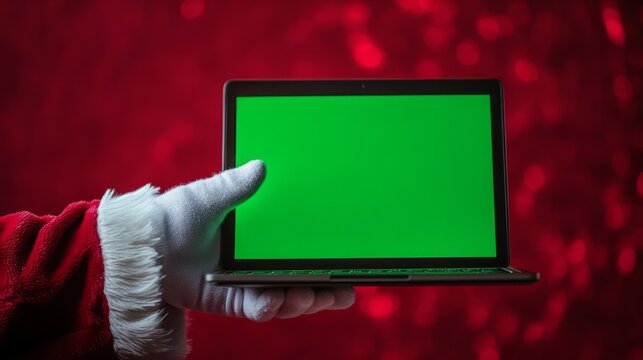 A close-up of Santa Clausâ€™s hand showcasing a glowing green screen laptop, ideal for festive copy, with a soft red gradient background 