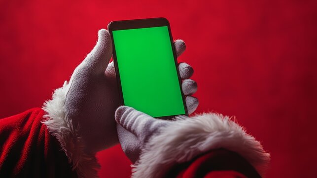 A close-up view of Santa Claus's gloved hand holding a smartphone horizontally with a glowing green screen, with a clean, striking red background