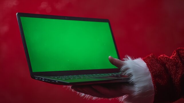 A close-up of Santa Clausâ€™s hand showcasing a glowing green screen laptop, ideal for festive copy, with a soft red gradient background 