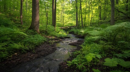 Obraz premium Stream flows through lush green forest.