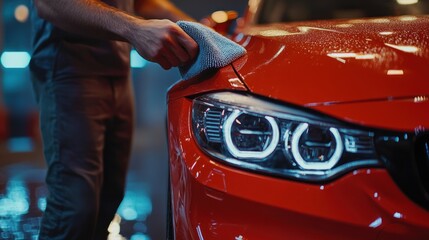 Man Cleaning Red Sports Car