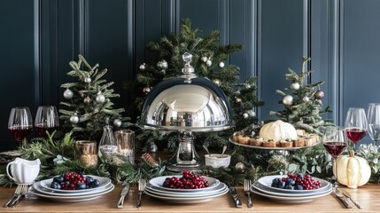 Elegant Christmas Table Setting with Festive Decor and Food