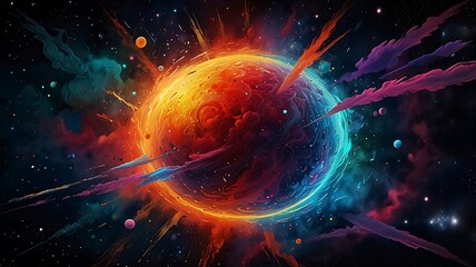 Obraz premium Surreal antimatter composition with vibrant, high-energy bursts of light and dark cosmic gradients