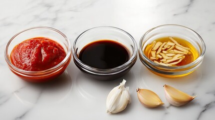 Assorted Sauces with Garlic and Almonds on Marble Background