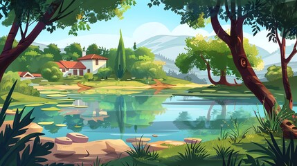 A whimsical illustration of a lake with a house on a hill with trees and mountains in the background.
