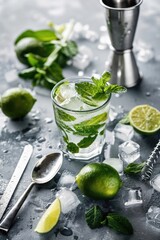 Fototapeta premium The mojito, garnished with mint and lime, sparkles with ice cubes against the grey concrete backdrop