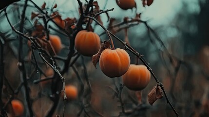 Ripe Persimmons Hanging on Branches in Autumn Landscape