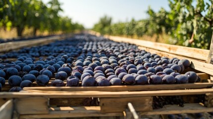 Obraz premium Freshly Harvested Grapes Drying Under Sunny Skies in Vineyard
