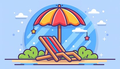Beach umbrella and chair in one continuous line drawing. Concept of holiday summer and vacation