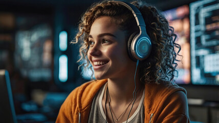 Obraz premium Portrait of a Girl in Headphones Using a Computer