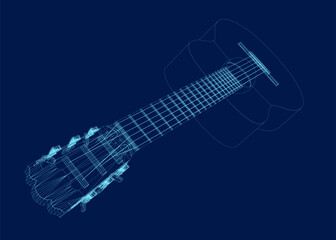 Acoustic guitar blue contour. Music instrument outline. Vector illustration.