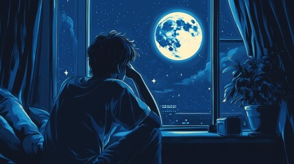 Naklejka premium lofi boy, moonlit night, thinking deeply, calm atmosphere, reflective moment