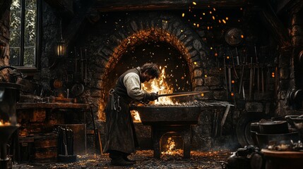 Fototapeta premium blacksmith forging, traditional workshop, weapon crafting, molten metal, ancient craftsmanship