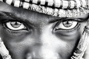 Nahaufnahme ausdrucksstarker Augen in Schwarzwei&szlig; mit traditionellem Kopfschmuck

