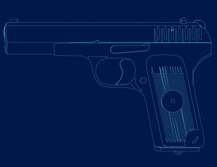 Gun Colt 1911. Contour of a pistol isolated on a blue background. Vector illustration