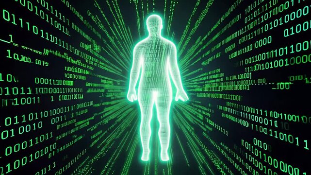 Strings of binary code forming human silhouette with circular dolly movement and green glow
