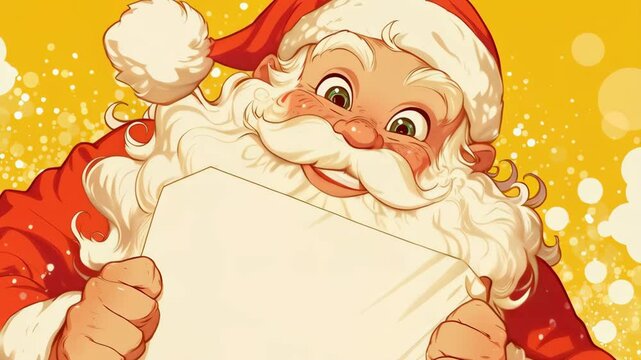 Santa Claus holding empty paper or wish list on blue background. Merry Christmas and Happy New Year. Cute cartoon illustration. Template for greeting card or letter with copy space
