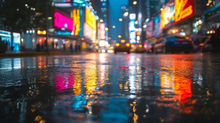 Naklejka premium cityscape at night, neon lights, wet streets, urban reflection, nighttime glow