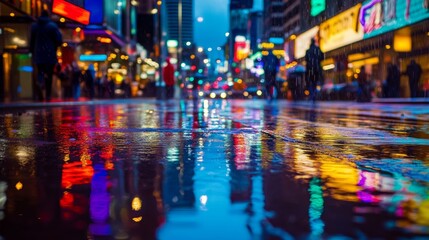 cityscape at night, neon lights, wet streets, urban reflection, nighttime glow