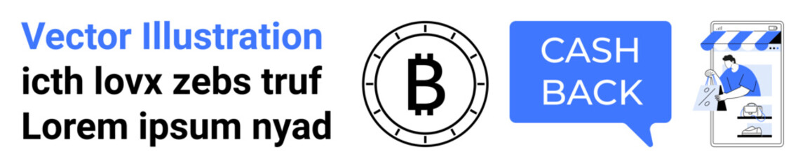 Obraz premium Bitcoin symbol, cash back button, and a storefront with person and shopping cart in blue and black tones. Ideal for finance, cashback programs, cryptocurrency, shopping discounts, loyalty rewards