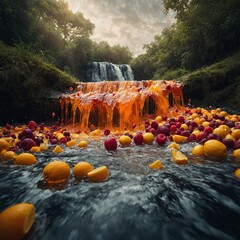 A surreal waterfall made entirely of flowing fruit juices.