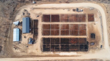 Obraz premium Aerial View of Agricultural Field with Rows of Plants and Barn