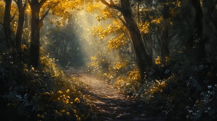 Fototapeta premium A Forest Path with Sunlight Filtering Through the Leaves, A Group of Friends Stargazing in a Remote Desert, A Hidden Cave Illuminated by Bioluminescent Fungi, A Silent Forest with a Hidden Waterfall.