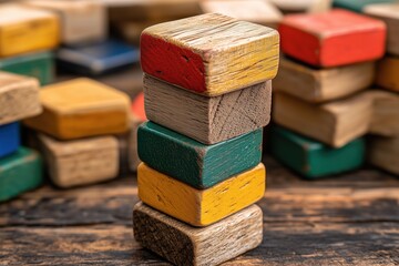 Stack of colorful vintage wooden blocks on a rustic wooden surface, kids toys, educational game