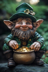 Figurine of a leprechaun and a pot of gold.