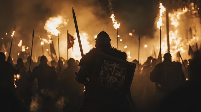 A historical reenactment group performing a medieval battle, Actors in period costumes reenacting a fight, Medieval battle scene with swords and armor, Live history event showcasing medieval combat