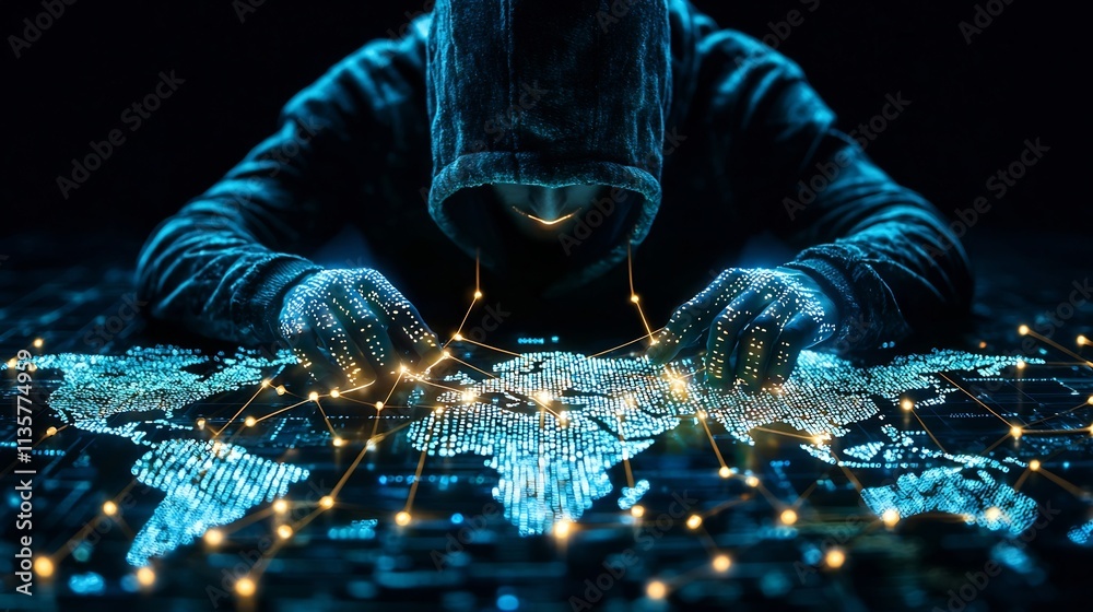 Poster Hacker Manipulating Global Cyber Networks and Digital Map Symbolizing Worldwide Espionage and Hacking Activities
