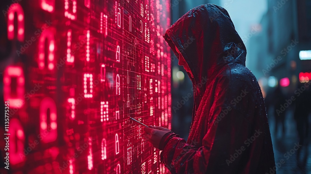 Poster meticulous hacker precisely picking virtual locks with digital tools symbolizing skilled cyber intru