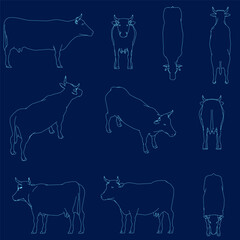 Farm Animal Set. Cow contour illustration. Beef animal outline art cow beef cattle.