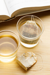 glass of hot tea and tea bag