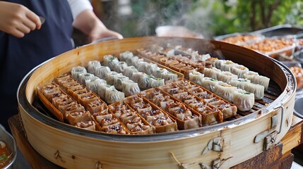 A tray of freshly steamed dumplings, filled with pork and vegetables, arranged neatly on a bamboo steamer, ready to be served during the festival 