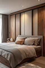 Modern bedroom with wooden wall paneling, large bed, and neutral tones.