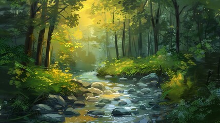 Obraz premium A digitally-painted illustration of a forest scene with a stream.