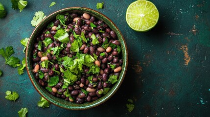 brain-boosting food concept. Fresh black beans with cilantro and lime in a bowl on a textured background.