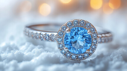 Fototapeta premium Close-up of a light blue gemstone ring on a white surface,