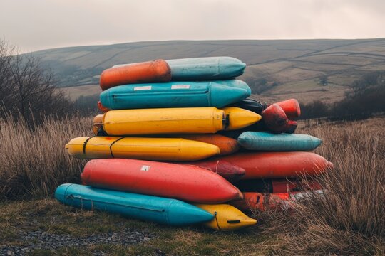 A vibrant stack of kayaks shows the beauty of outdoor sports and adventure. These colorful kayaks are ready for water exploration. Adventure awaits on the open water. Generative AI