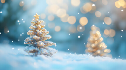 Fairy Tale Christmas Landscape with Light Brown, Blue, and Gold Tones, Abstract Blurry Winter Celebrations.