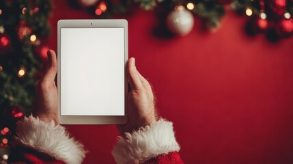 Santa Claus's hand holding a tablet, its screen glowing pure white, isolated on a classic red Christmas-themed background