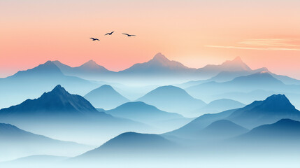 Sunset over misty blue mountains, birds flying past orange sky